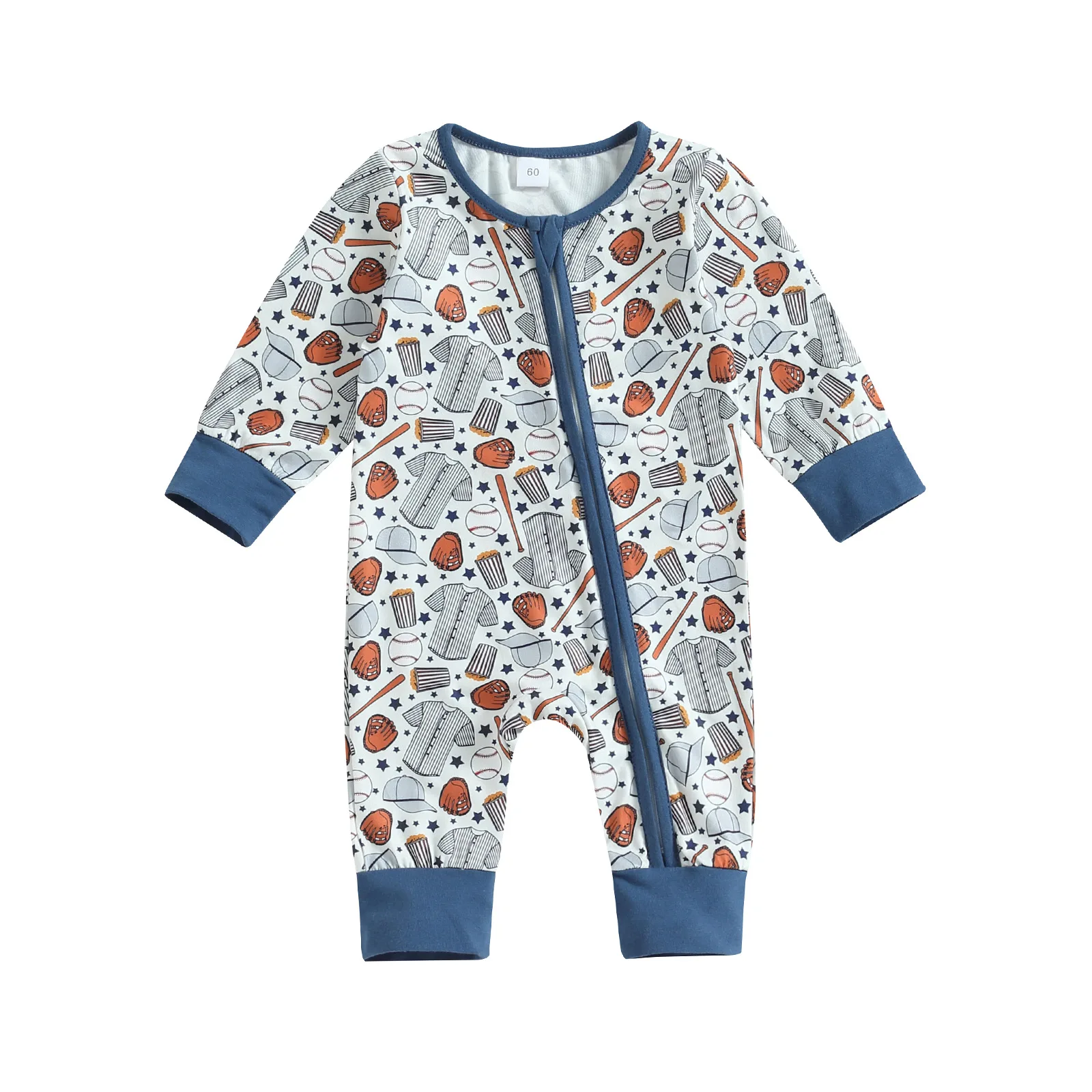 Custom Gender Neutral Kids Clothes Baby Jumpsuit For One Month Girl Overall Baseball Printed Zipper Long Sleeves Romper