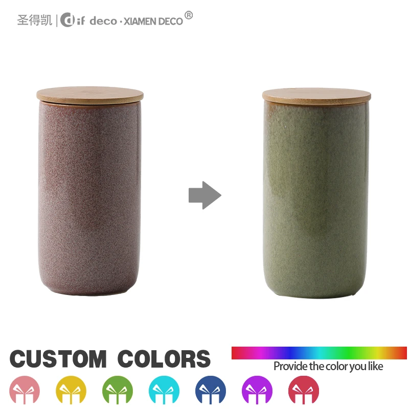 Reactive Glaze Porcelain Cans Kitchen Food Storage Salt Sugar Tea Container with Bamboo Lid