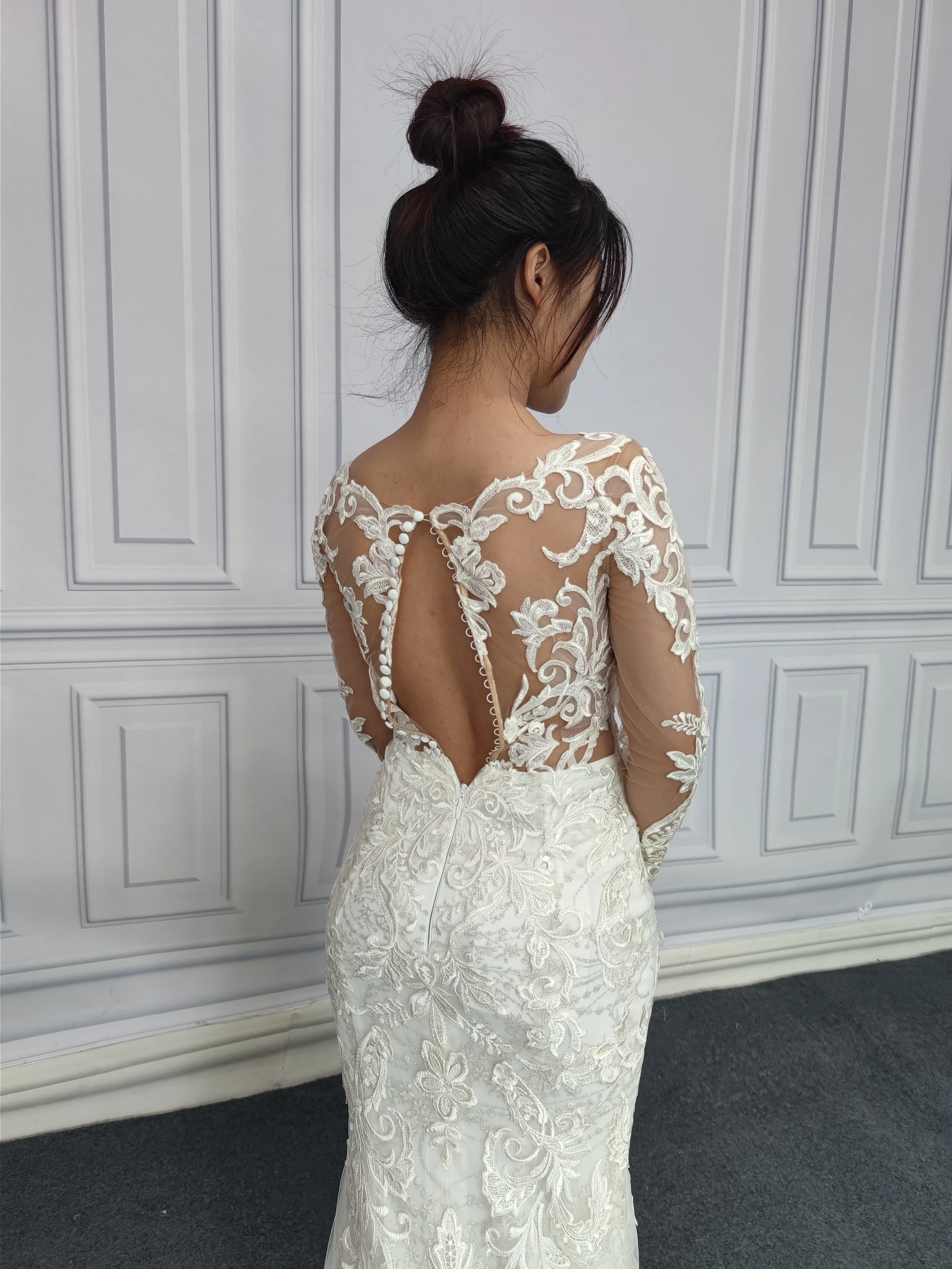 Long Sleeve Lace Mermaid Wedding Dress 2023 China Guangzhou Plus Size for Women 1 Piece 100% Polyester Modern Illusion Ivory