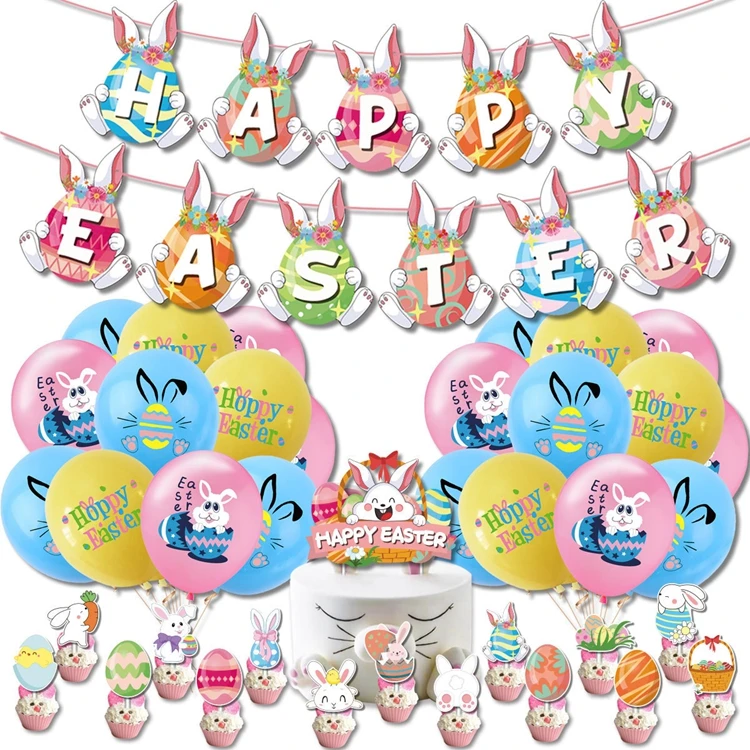 Easter Party Decorations Kit 12 Inch Printed Latex Balloons Happy Easter Banner Egg Bunny Cake Toppers Kids Party Decor KK015
