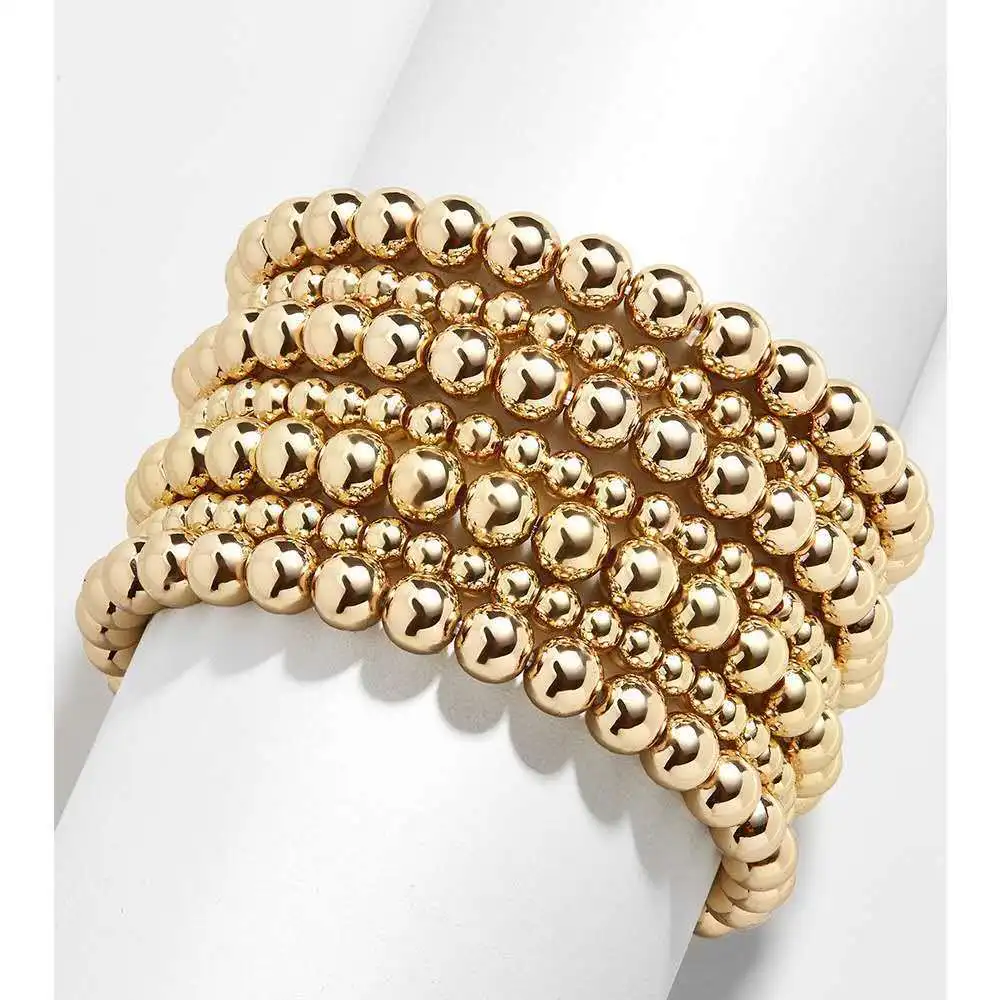 18K Gold Plated Beaded Ball Bracelets for Women Copper Stackable Stretch Elastic Bracelet