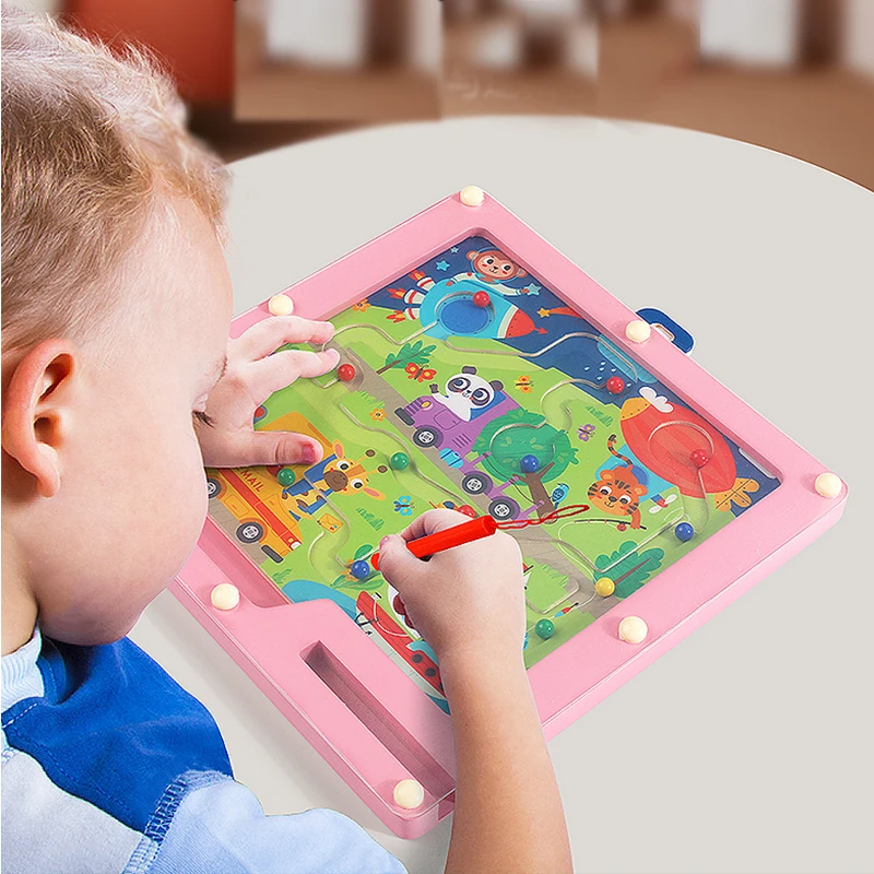 Kids Educational Montessori Brain Teaser Round Square Wooden Mini Puzzles Fidget Labyrinth 3D Maze Ball Game Toys