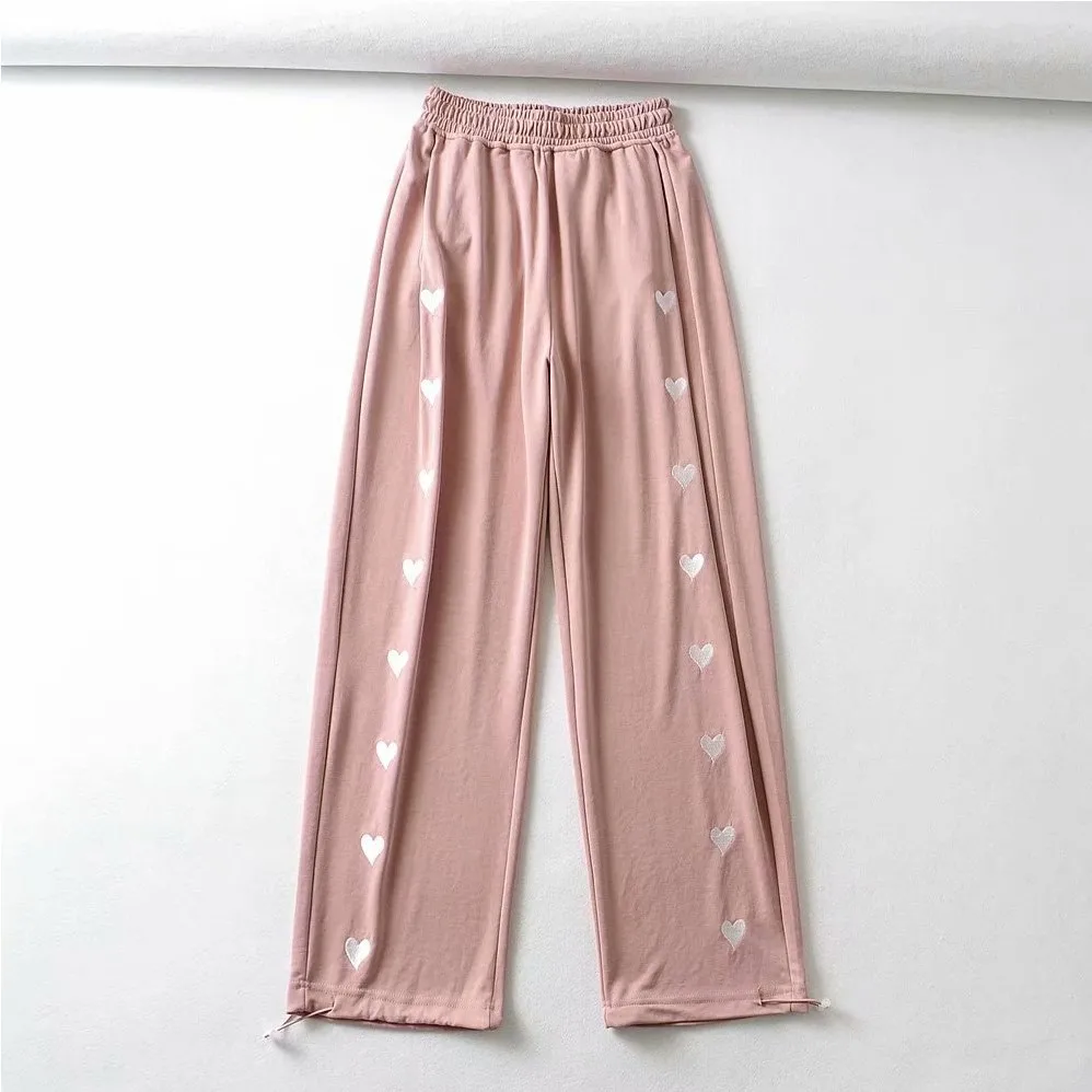 Women Sports Sweatpants High Waist Heart Embroidery Drawstring Straight Trousers Fashion Casual Women Wide Leg Pants