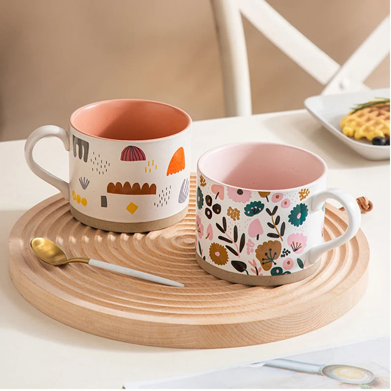 Creative Floral Mugs Lovely Ceramic Coffee Breakfast Mugs INS Style Flower Design Porcelain Mugs Vintage Big Belly Coffee Cup