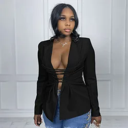 Trendy Femme Fashion Winter Coats 2021 Female White Blazer Suit Top Lace Up String Woman Jacket Long Sleeve Ladies Women Blazers