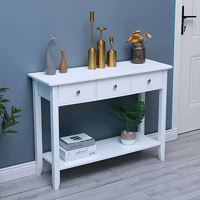 White Console Table with Shelf and Drawers Modern Entryway Wooden Hallway Bedroom Console Side Table