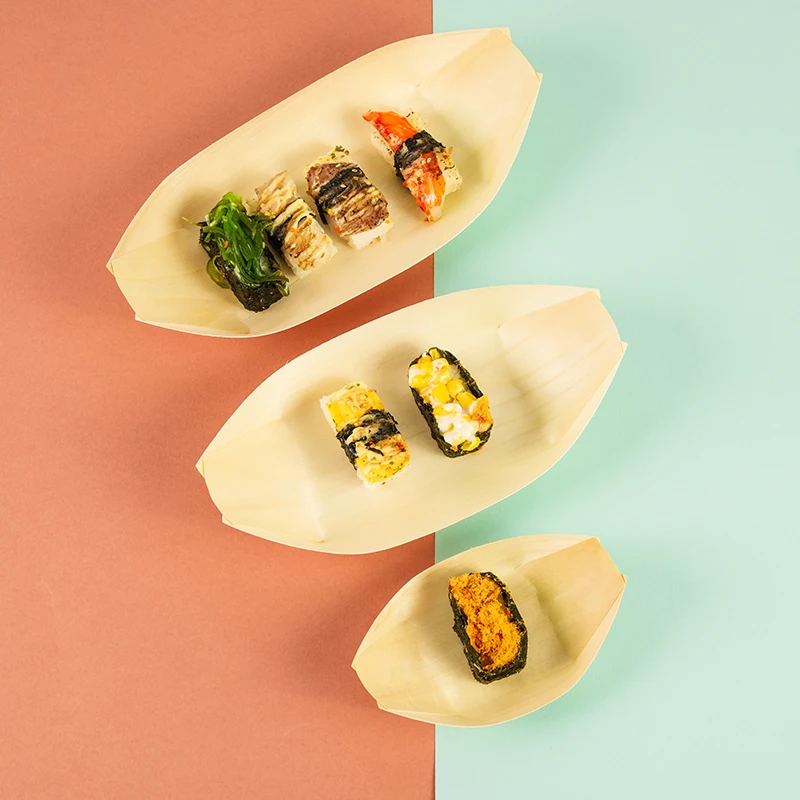 Disposable Food Grade Wooden Boat Tray Small Round Boxes Plate