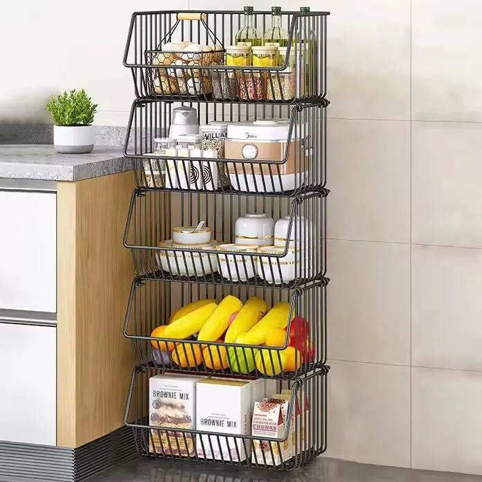 High Quality Black 5 Tiers Metal Kitchen Fruit And Vegetable Basket Storage Organizer Holder Racks