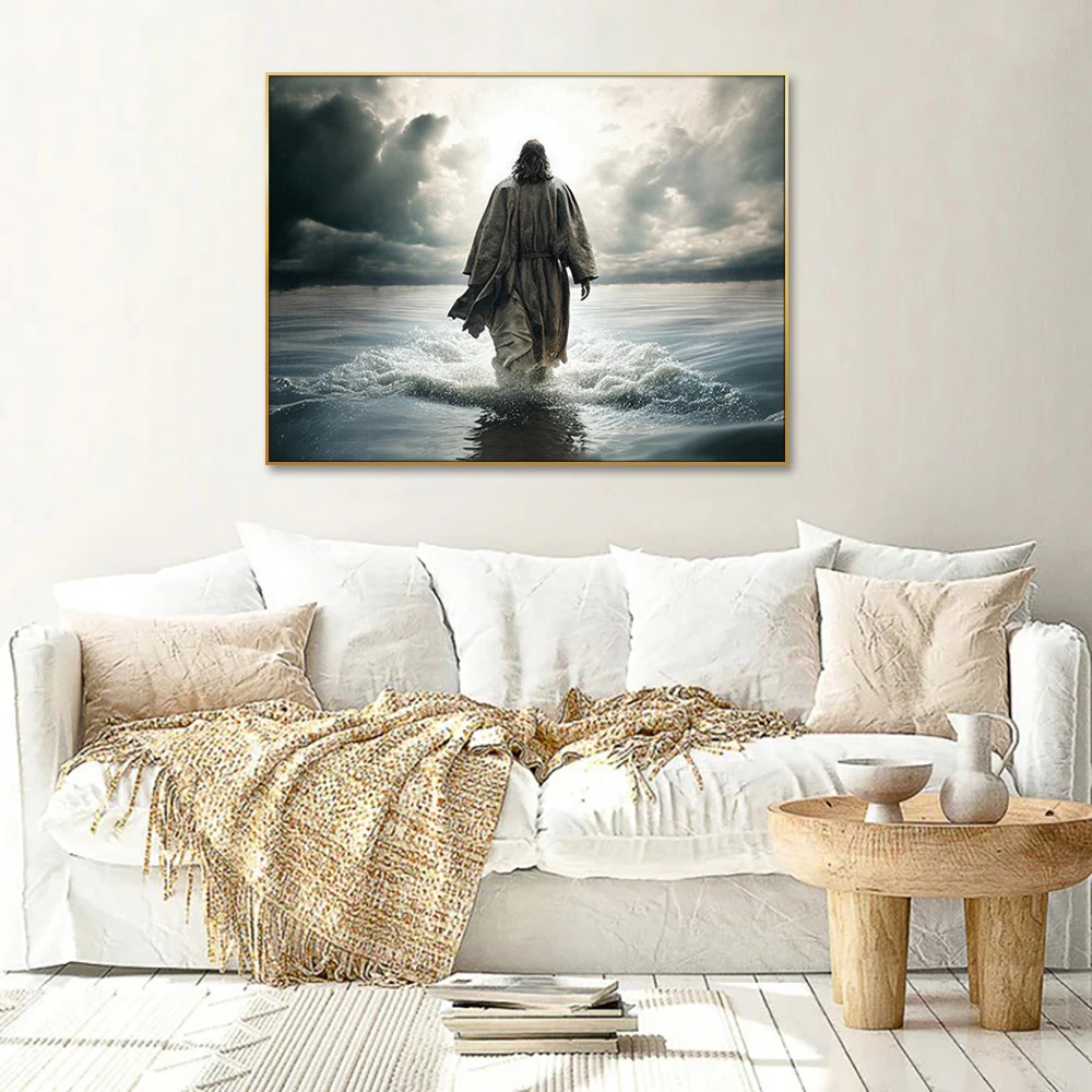 Modern Religious Home Decor Digital Download Jesus Christ Walking on Water Portrait Canvas Supported Christian Art Print