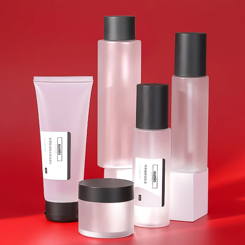 Cosmetic Skincare Empty Frosted 100/200ml Pet Plastic Pump Spray Bottle Set For Frosted Lotion Bottle Set Cream 50ml Jars