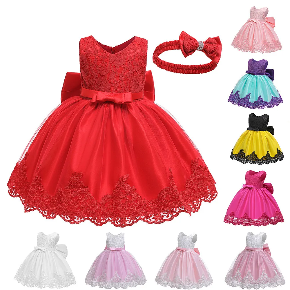 Wholesale Price Newborn Baby Girl Party Dress With Bow Floral Christening Party Event Frock Girls Princess Free Hairband