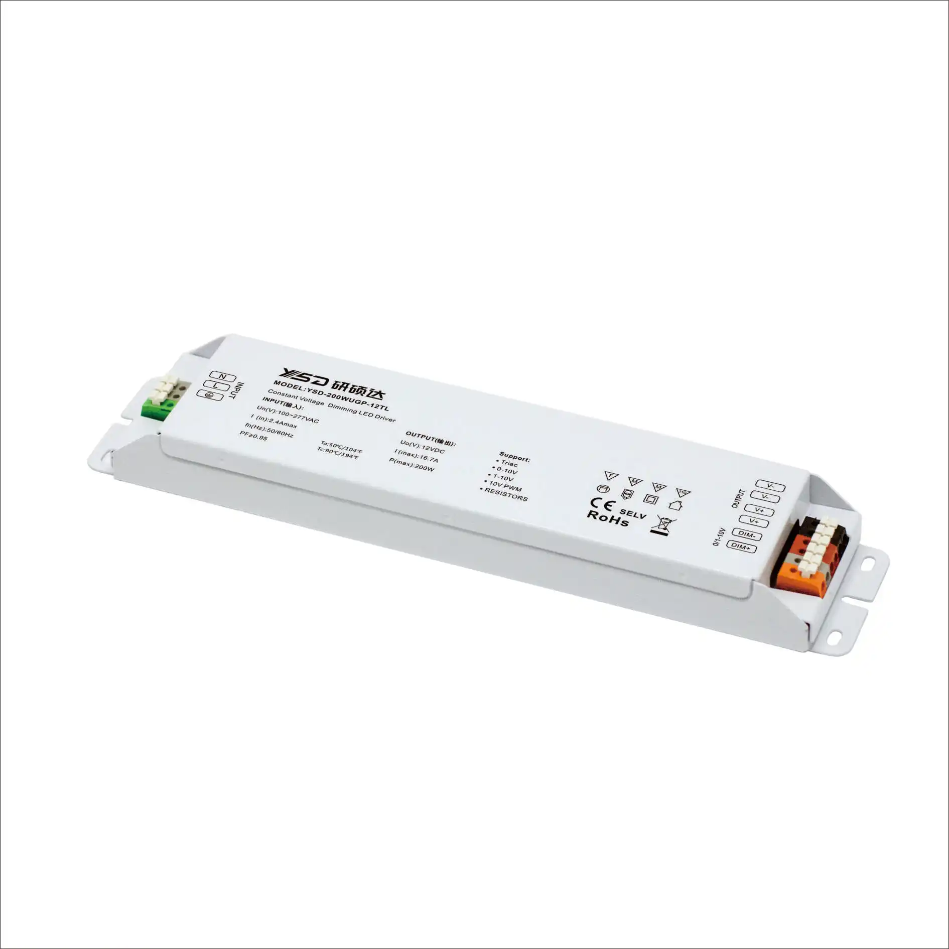 YSD 5 in 1 dimmable led power supply High PFC support 100-277v dimming triac 0-10v 10v pwm 200w 12v 24v led driver IP40