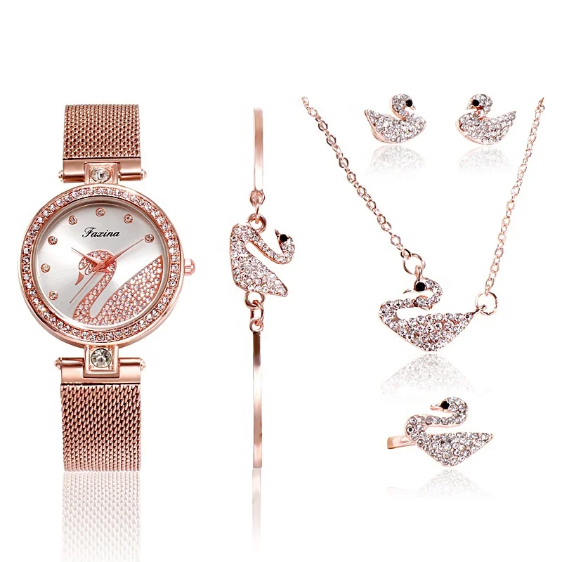Best selling fashion quartz Movt diamond watch necklace bracelet ladies gifts dubai gold plated jewelry set