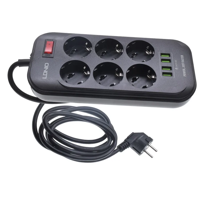 6 Ways EU Extension Power Strip With Rock Switch 16A 4 USB 3A Schuko Type-F Electric Power Socket Multifunction Inlet Bar 2m