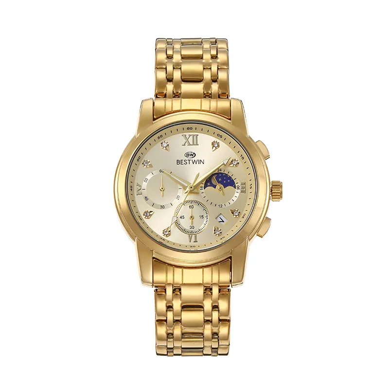 BESTWIN watch High Quality Top Brand Luxury Stainless Steel Quartz Moon Phase Movement Business Watches Men 30M  wrist watch