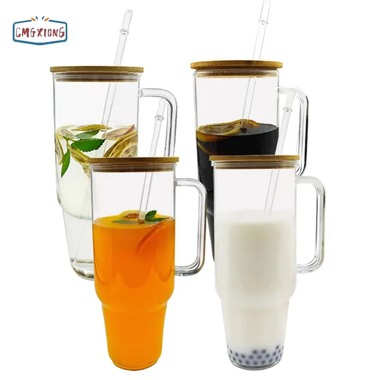 Usa Warehouse 32oz 40oz Glass Cup Sublimation Clear Frosted Glass Tumbler With Handle Sublimation Portable Glass Beer Cup