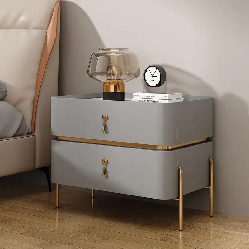 Italian Luxury Gold Metal Frame Durable Leather Beside Table Furniture Night Stand For Bedroom