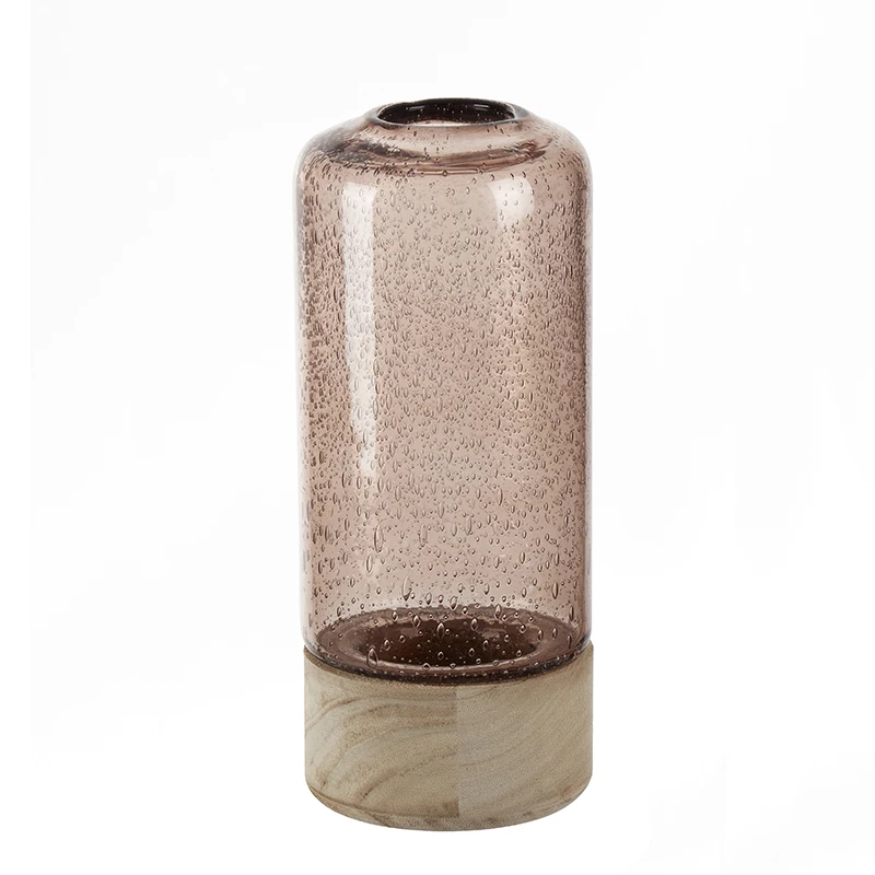 Glass Flower Vase Cylinder  Wooden Stand Vase For Home Decor