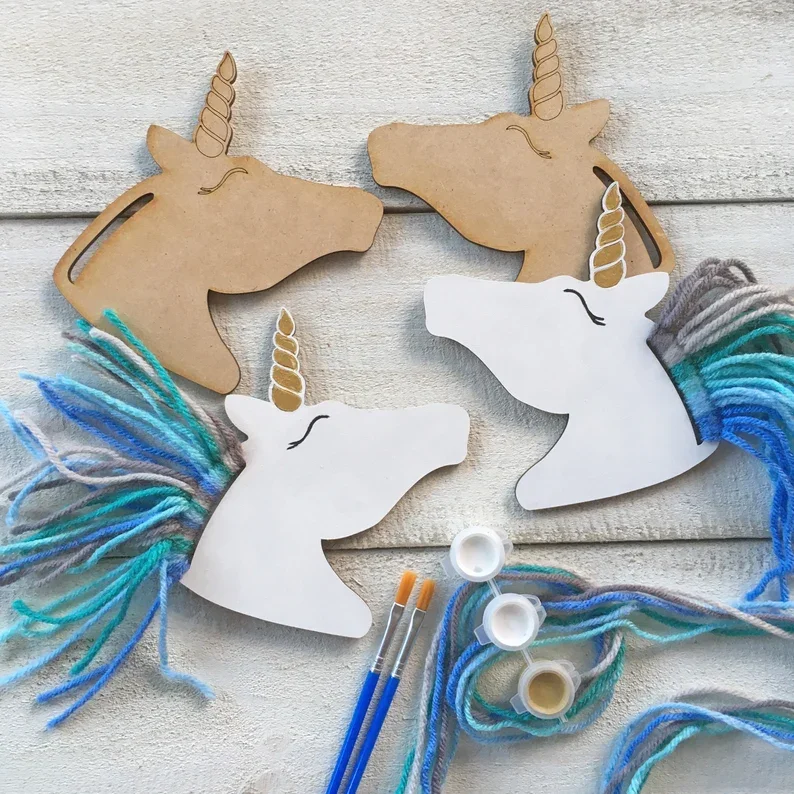 Factory Supply MDF DIY Painting Unicorn Crafts for Kids DIY Wood Unicorn Craft with Woolen Yarn