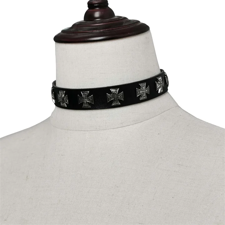 W.E. Retro Dark Punk Gothic Cross Nail Choker PU Leather Clavicle Necklace