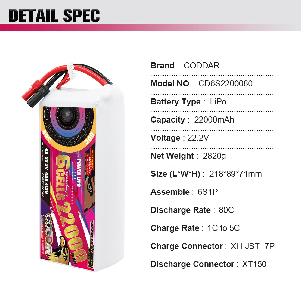 CODDAR 6S 22000MAH 22.2V 80C XT150 Connector RC LiPo Battery Large Scale FPV Drone Agriculture Quadcopter UAV Aircraft Airplane