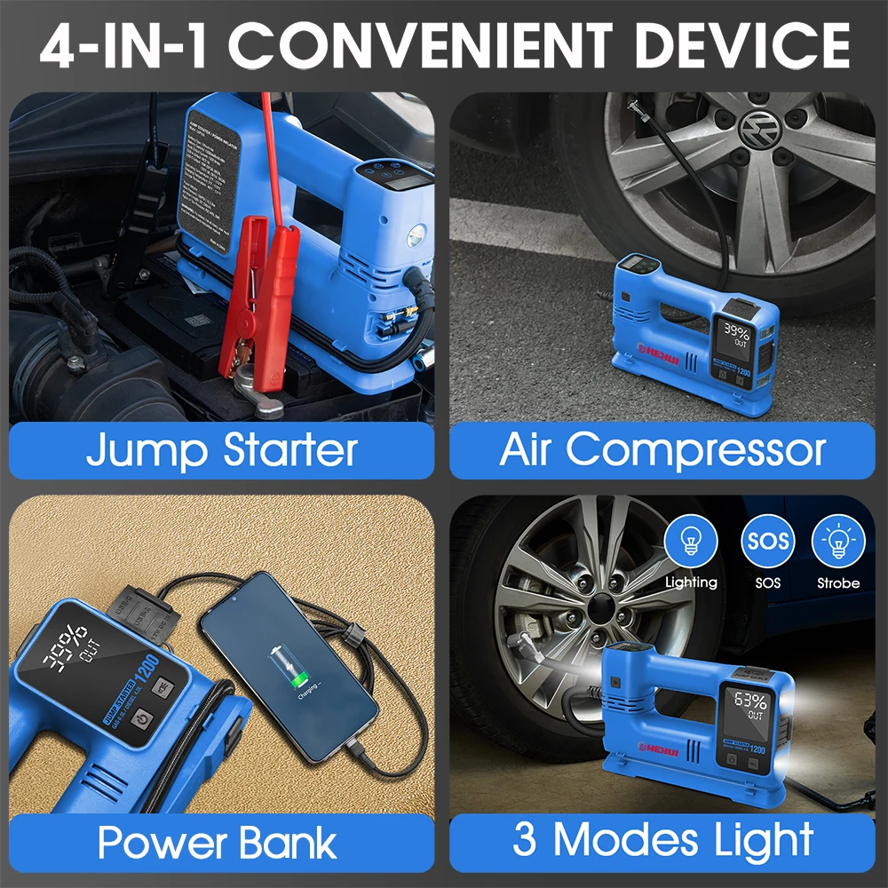 Hehui Electric Digital Battery Operated Air Pump Hand Powered Car Pump Air Compressor With Power Bank