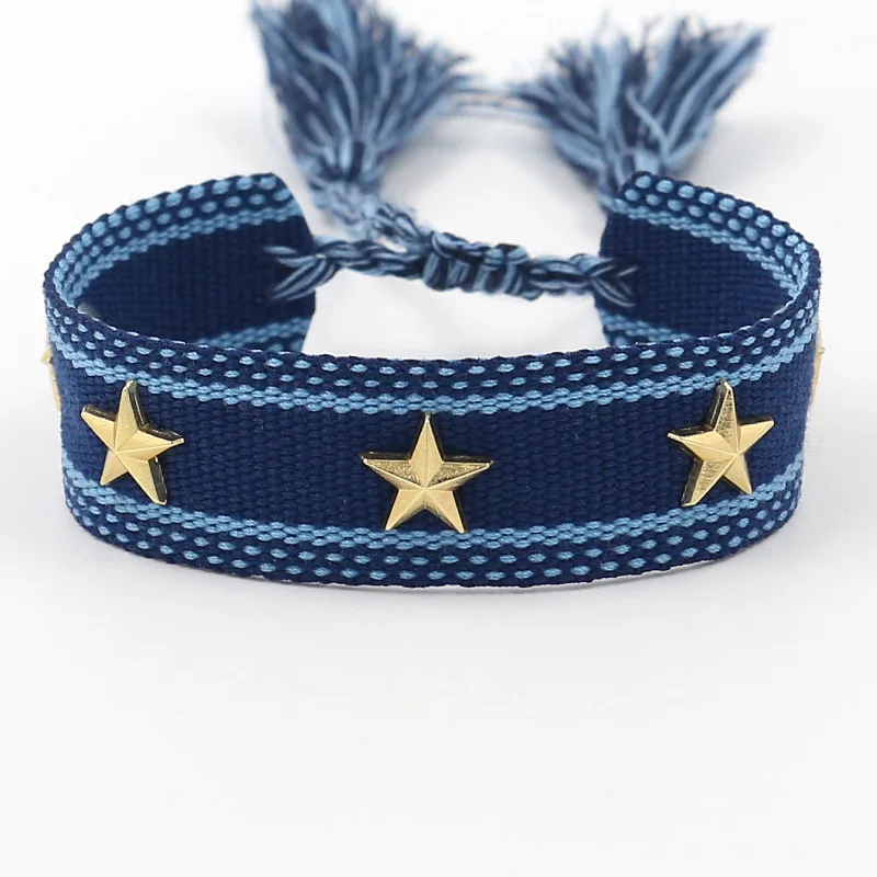 Metal star rivet ribbon woven tassel wrist strap with tassel handmade woven bracelet with texts