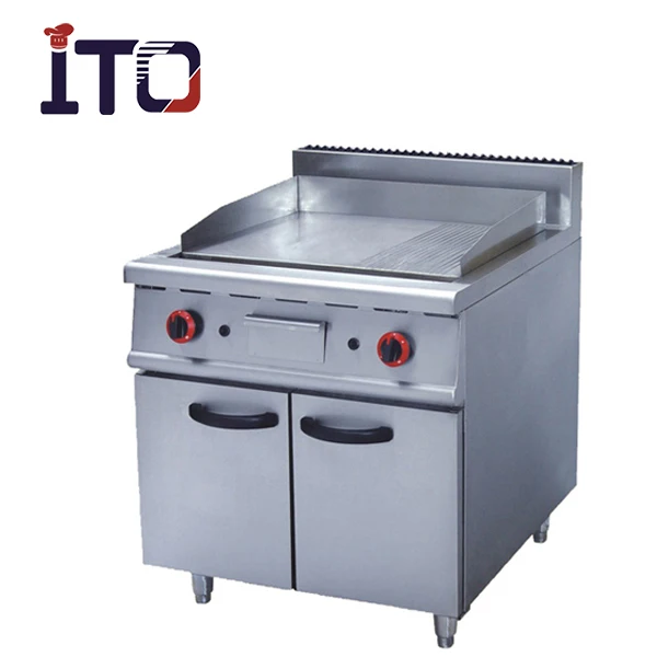 Factory direct sale cooking equipment stand type gas grill griddle ( 1/3 grooved) with cabinet