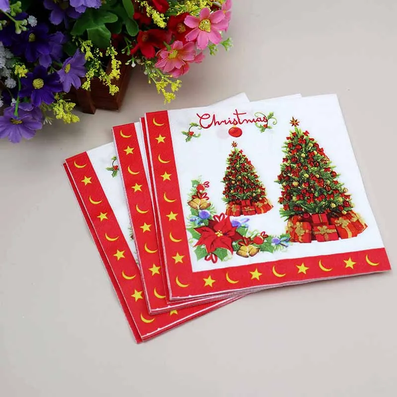 Disposable Extra Thick Printed Red Napkin Paper For Christmas