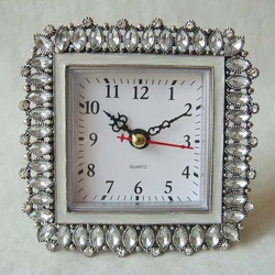 Square Silver White Bejeweled Metal Zinc Alloy Framed Desk Quartz Clock