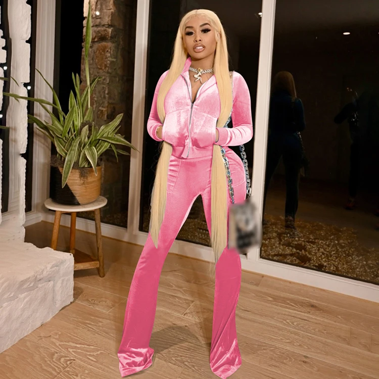 Fashion Velvet Crop Top And Long Flare Pants Velour Tracksuit 2 pc Sweat Jogger Suits Fall Clothing for Women Two Piece Sets