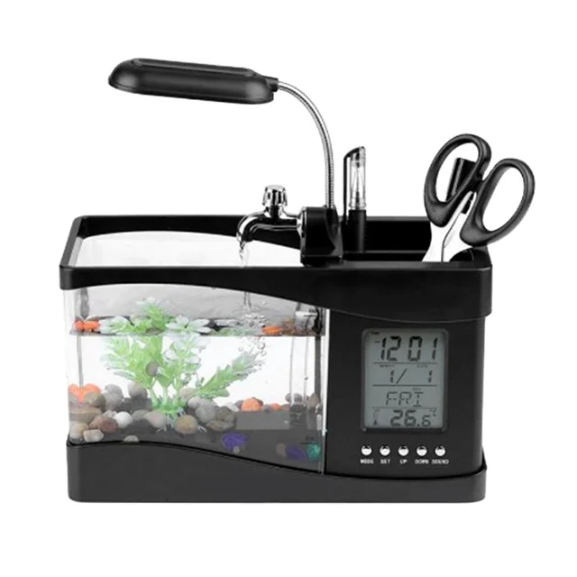 Aquarium product multifunctional usb mini small ecological fish tank office desk decoration with clock table lamp