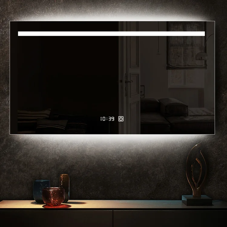 hotel bathroom vanity mirror design magic digital snooze alarm clock  table clock make-up glass tv mirror with led lighting