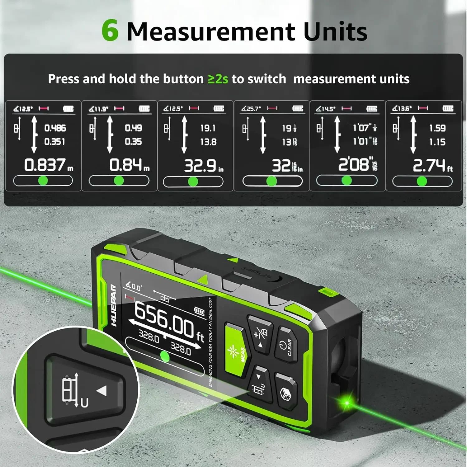 Huepar Li-ion Battery Tpye-c Charge BLM-100G  200m Digital green beam Laser Level Distance Meter  laser measure