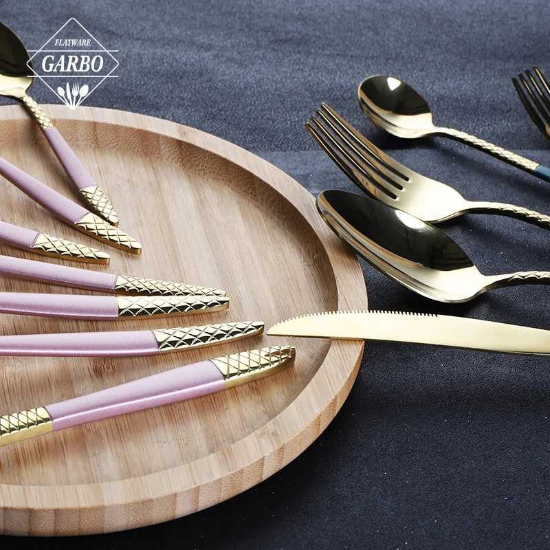 Set of 7pcs including table and dessert fork knife spoon set gold color stainless steel flatware set with blue painting handle