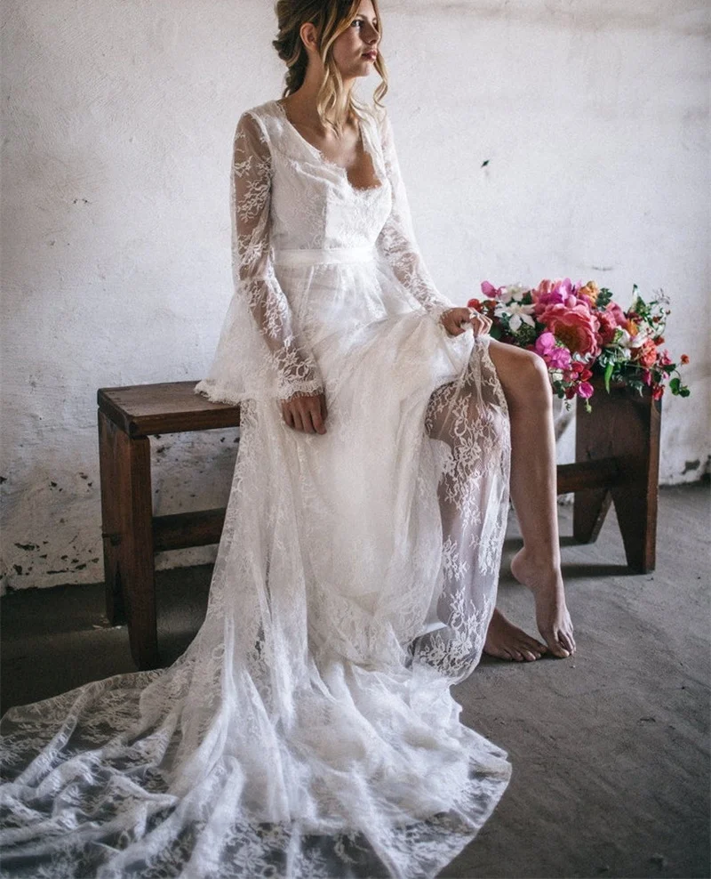 11170#Lace V Neck Bridal Dress Long Sleeve Sweep Train Bohemian Boho Beach Wedding Gown