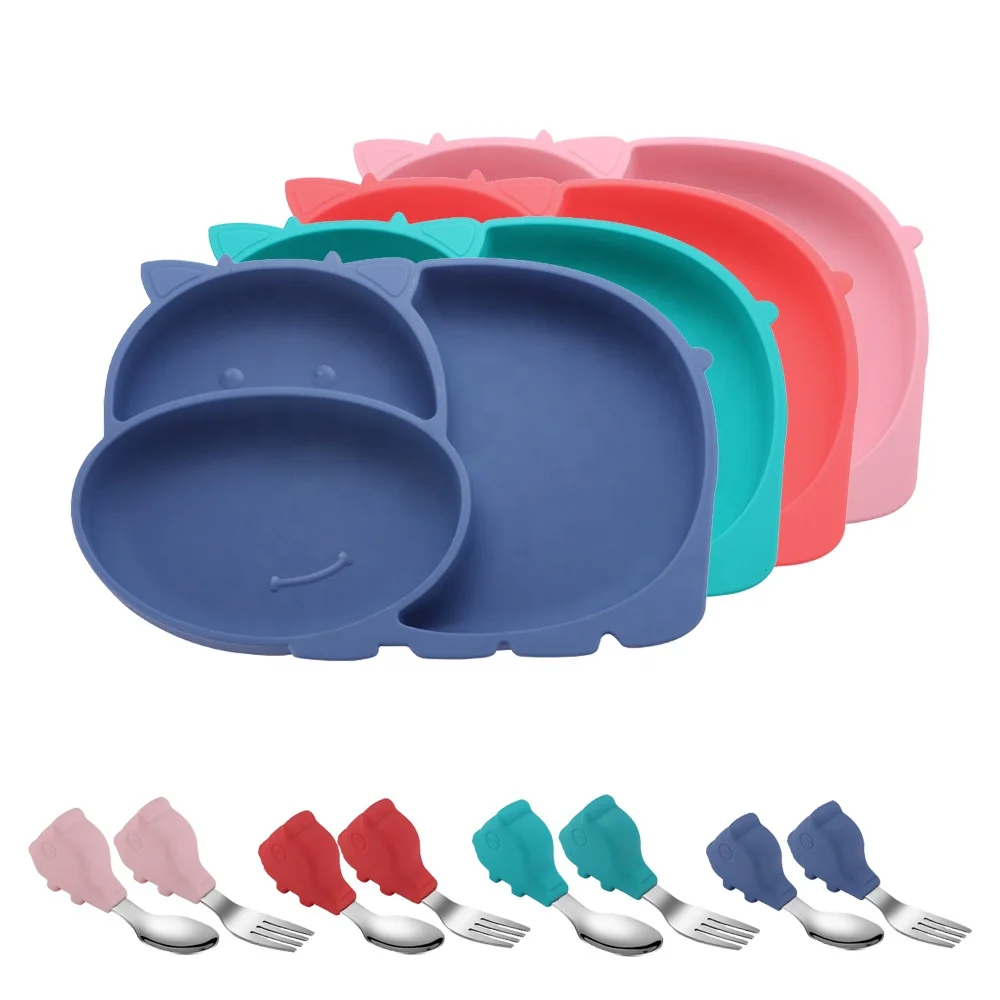 BPA Free Microwave Dishwasher Safe Divided Plate Cow Animal Children Kids Suction Silicone Baby Plate With Spoon and Fork