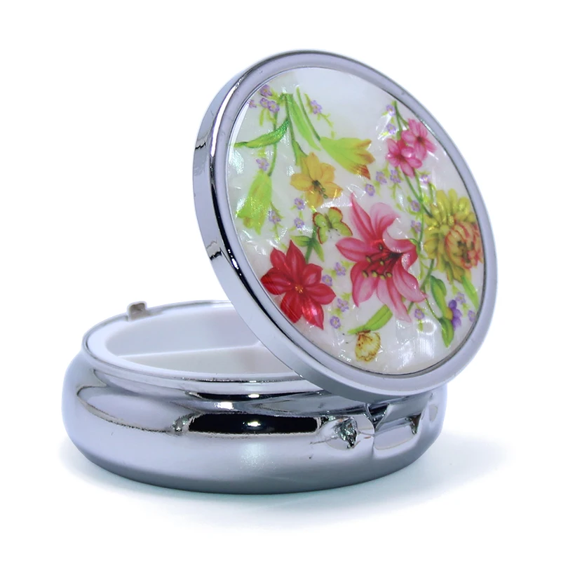 
50*19mm Fashion Lily Flowers Stainless Steel Storage Portable Medicine Organizer Container 3 Days Round Metal Pill Box 