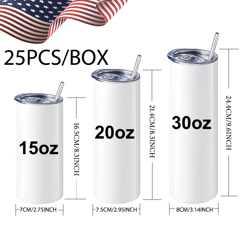 Wholesale USA warehouse stainless steel double wall blank straight 20 oz 30 oz skinny sublimation tumblers with Straws and Lid
