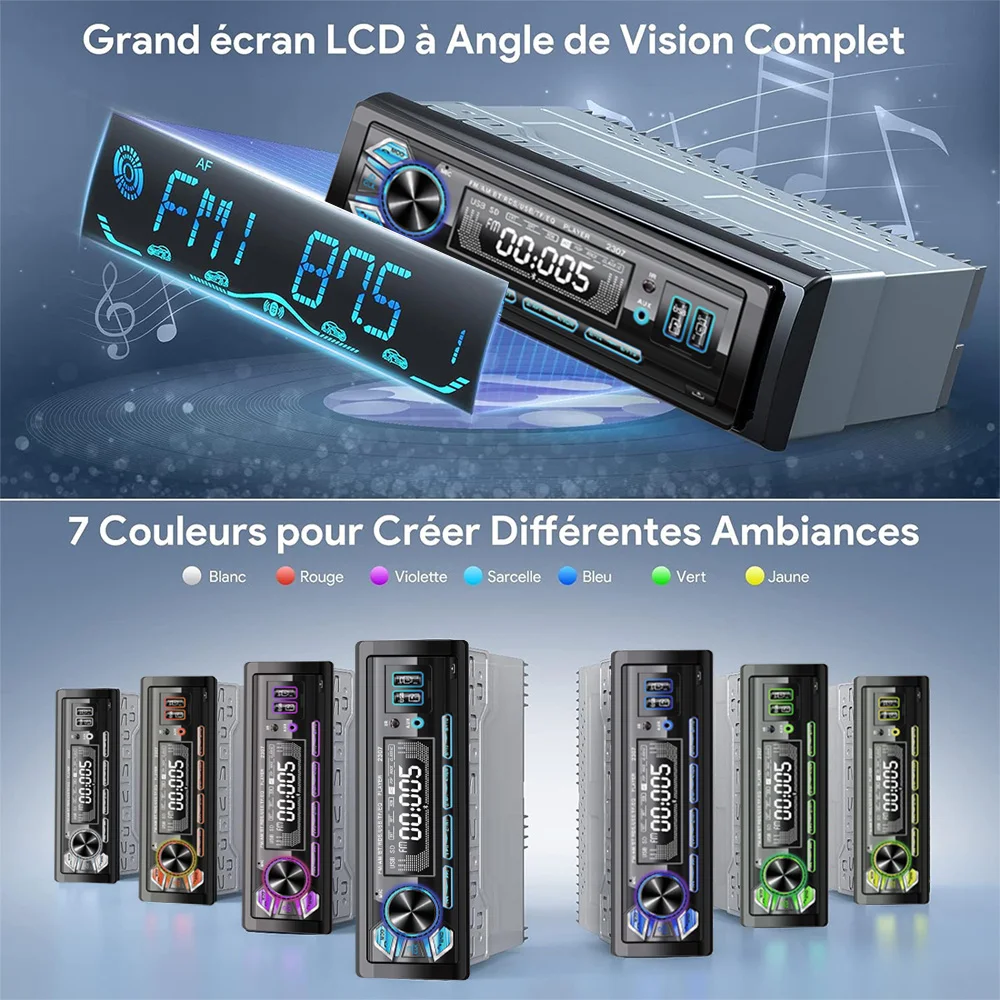 Car Radio MP3 Player 1 Din Removable Panel Stereo Radio FM BT EQ USB AUX Remote Control Colorful Lights