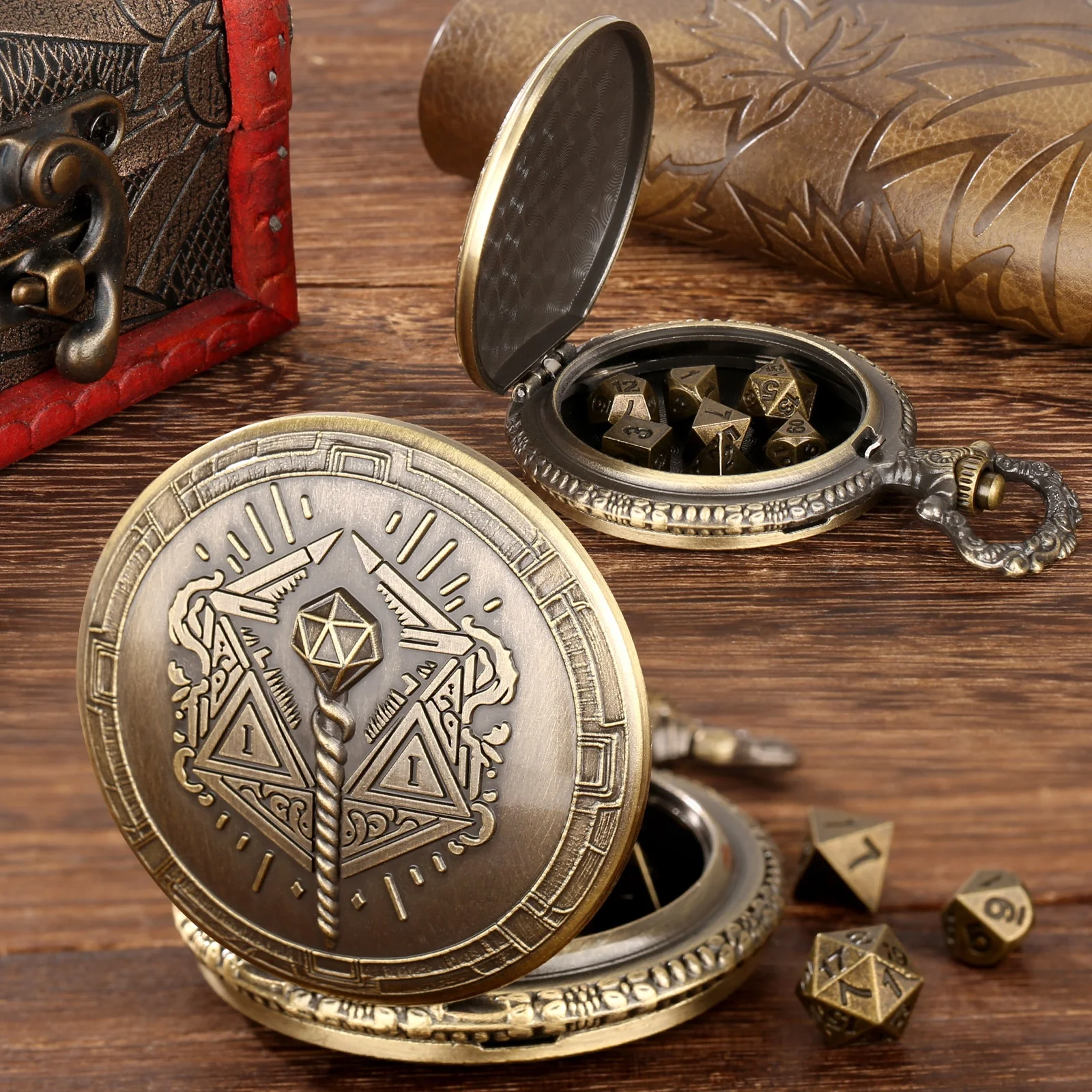 Magician Magic Staff Mysterious Theme Pocket Watch Dice Vintage Portable Cool Metal Dice Box