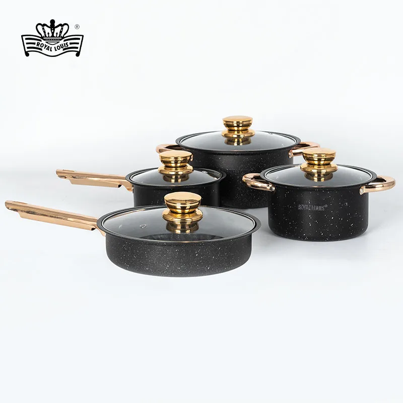 Factory wholesale 8 pieces pot set black granite cookware set marble non stick coating sauce pan stock pot frying pan