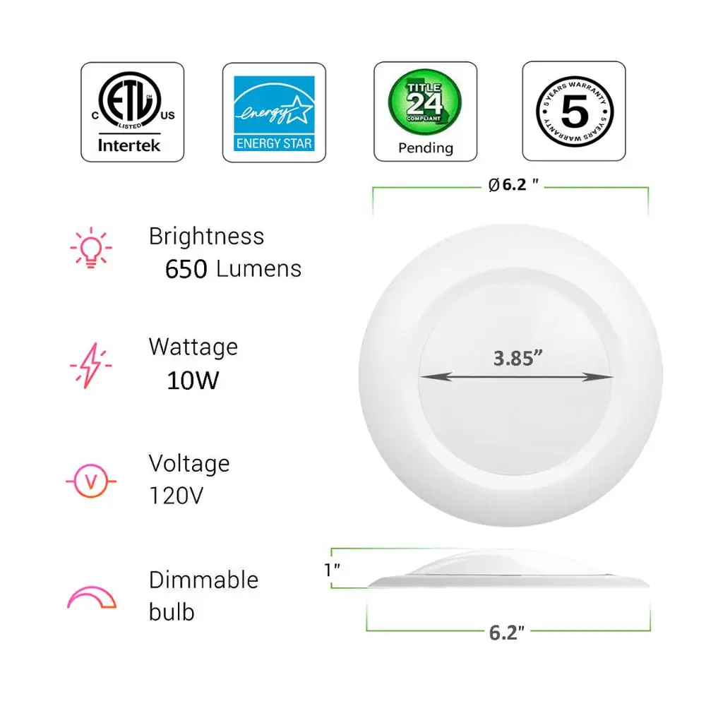  Потолочный светильник для поверхностного монтажа ETL Energy Star 4 дюйма дисковый распределительной коробки 120 В переменного тока 10 Вт 600 лм с регулируемой яркостью влагоместонахождением