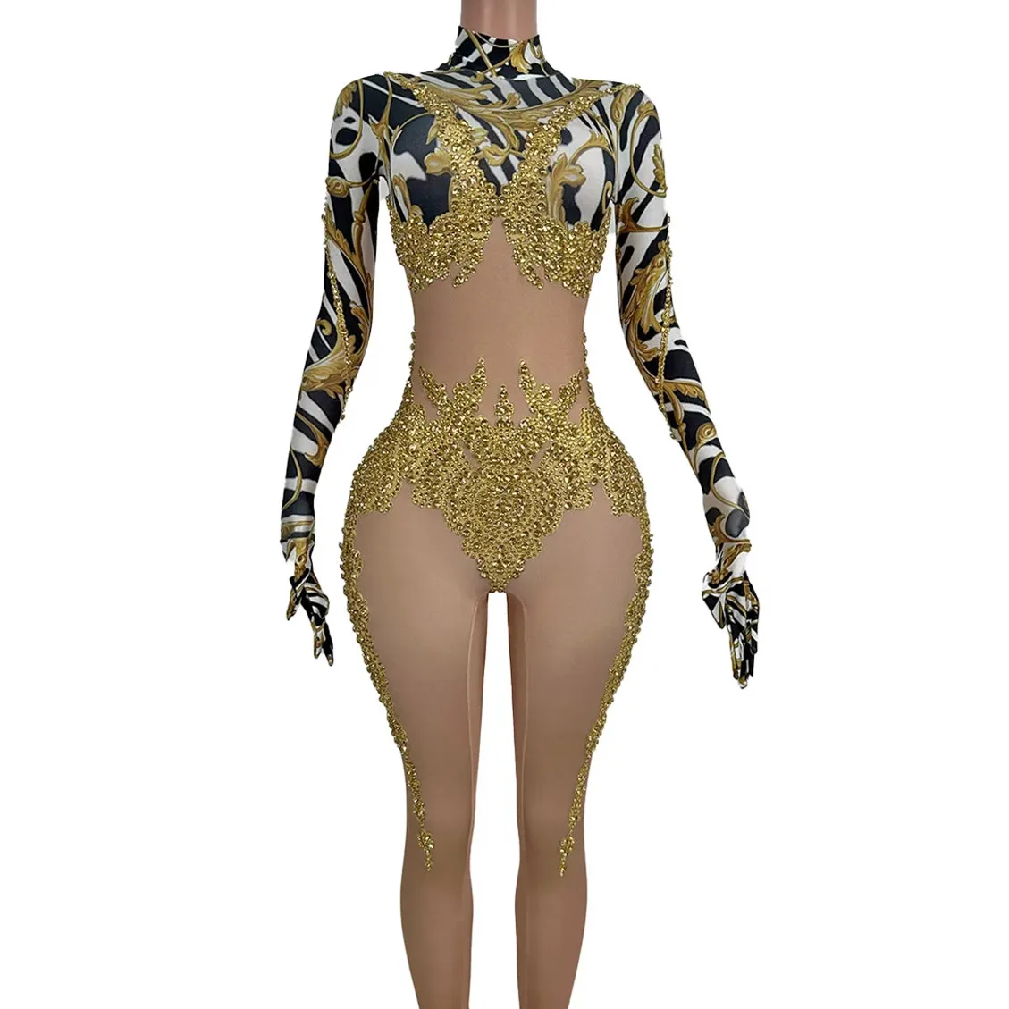 Designer Gold Rhinestone Jumpsuit Women Drag Show Outfit Exotic Dancer Clothes Bodysuit Carnival Party Costume Bodycon Rompers