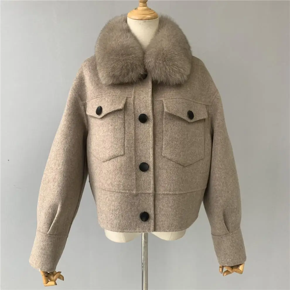 Candy colors women woolen jackets hot sale detachable fox fur collar jackets Spring fashion lady jackets with matching color fur