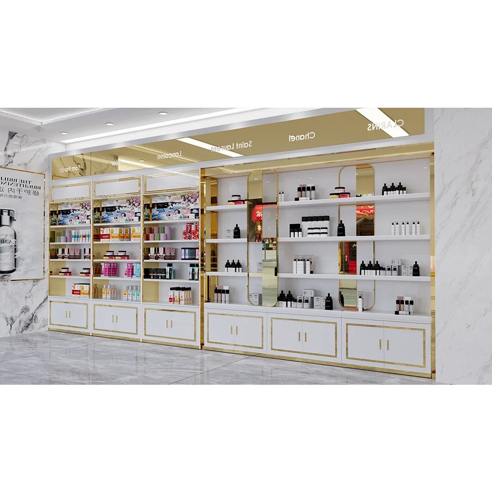 Custom logo led perfume display shelf stand beauty salon white cosmetic make up display table counter