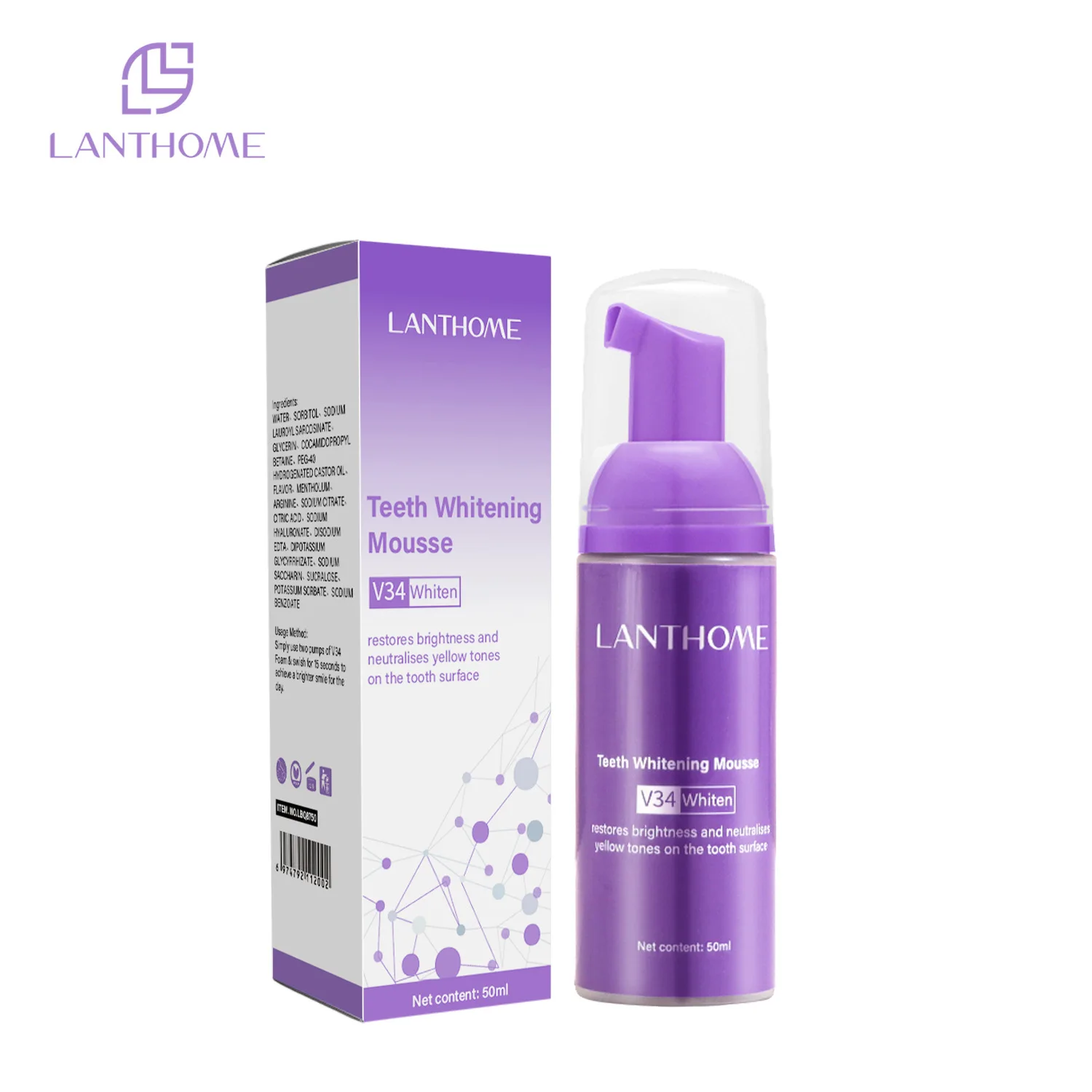 LANTHOME Private Label пурпурная пенная зубная паста Белоснежка V34 мятный отбеливающий зубной мусс пена