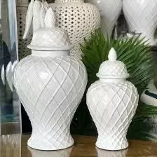 Home Decor Custom Wholesale Glazed White Electroplated Line Golden Ceramic Ginger Jar Flower Vase With Lid