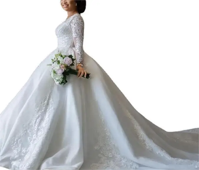 new elegant women wedding dress pure white lace bridal wedding gown with tail