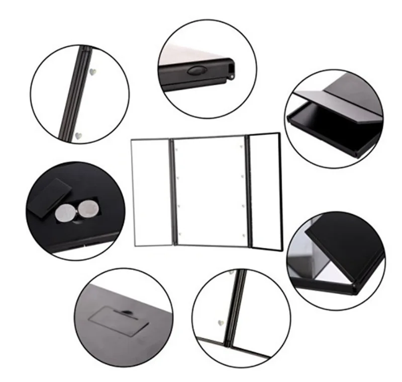 China wholesale cheap Tri-Fold Makeup Mirror with LED Light Portable Travel Small Pocket Mirrors Travel Fold Cosmetic Mirror